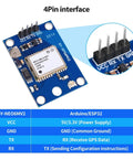 4-pin interface of 2 Pack GY-NEO6MV2 NEO-6M GPS Module For Flight Control, showing VCC, GND, RX, TX pins for easy connection.