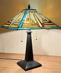 Green Handcrafted Tiffany Style Desk Lamp With Two Lights, 16 Inch Wide And 23 Inch Tall, Stained Glass Mission Nightstand Lamp.