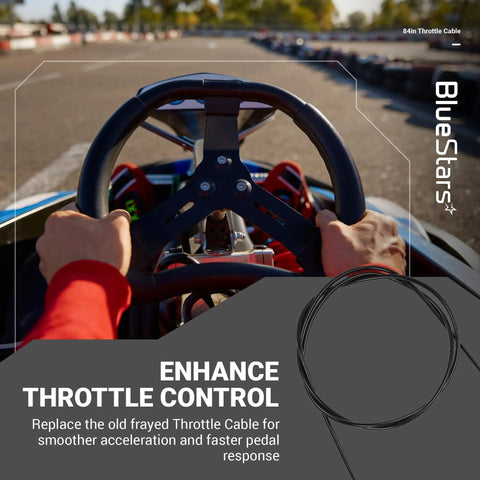 Driver holding steering wheel of go-kart featuring 84 Inch Go Kart Throttle Cable Kit for Coleman KT196 Predator engines, racetrack in view.