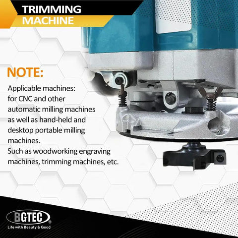 Close-up of CNC Spoilboard Surfacing Router Bits Set Three Piece with one quarter inch shank attached to a trimming machine.