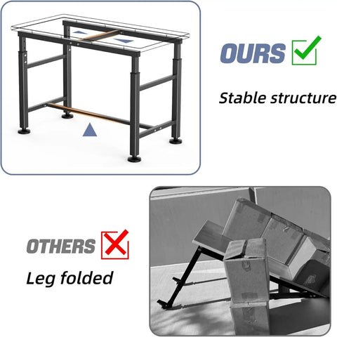 Comparison of Beefy Heavy Duty Adjustable Height Workbench 32 By 18 Inch With Rubber Wood Top 1500 Lbs Load Capacity showing stable vs unstable legs.