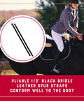 Black Bridle Leather Spur Straps Half Inch Wide By 19 Inches Long With Smooth Darkened Edges And Nickel Plated Hardware on boot