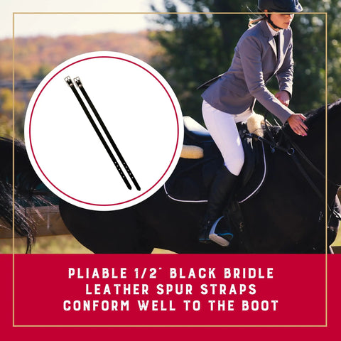 Black Bridle Leather Spur Straps Half Inch Wide By 19 Inches Long With Smooth Darkened Edges And Nickel Plated Hardware on boot
