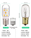 Comparison of LED and incandescent light bulbs, showing size, power, lumens, and dimmable feature for microwave range hood use.