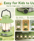 Snail Design Kids LED Lamp with USB Rechargeable Battery showcasing light color modes and dimming feature in green.
