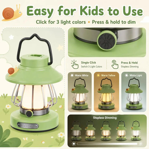 Snail Design Kids LED Lamp with USB Rechargeable Battery showcasing light color modes and dimming feature in green.