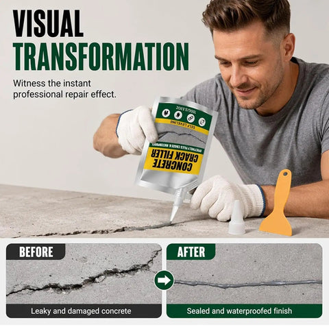 Man applying Zero Mess Drip Free Heavy Duty Rubberized Concrete Crack Filler And Cement Repair Sealant to damaged concrete.