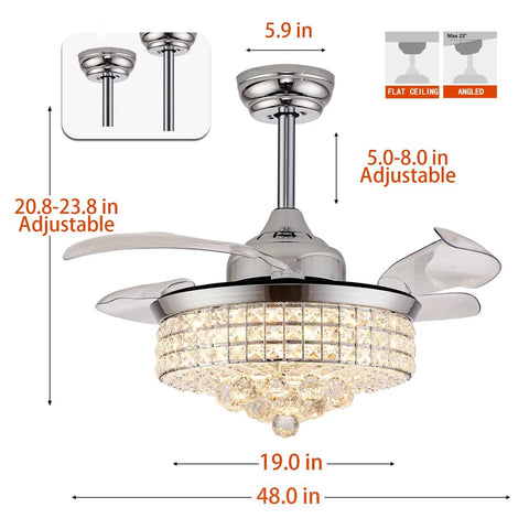 36 Inch Crystal Fandelier Ceiling Fan With Lights Retractable Invisible Modern Chandelier Ceiling Fan Remote Control Chrome Finish Six Speeds Three Color Options Ideal For Bedroom Or Living Room That Is Lit, showing adjustable measurements and chrome finish