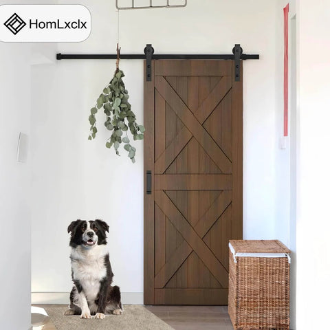 Installed 6 Ft Heavy Duty Sliding Barn Door Hardware Kit with Track Rail, quiet smooth operation, and adjustable floor guide.