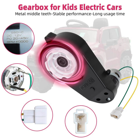 High Speed 12V RS550 Motor Gearbox Pair For Kids Ride On Cars Jeeps ATVs Trucks SUVs 40000RPM Replacement Upgrade Fits Most 12V Electric Vehicles And Ride On Toys. Close-up view of gearbox showing connectors and wiring details.