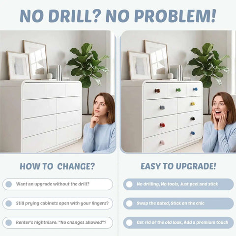 Slick Self Stick Cabinet Knobs 10 Pack Yellow Ceramic Ball Pulls Drill Free Durable Adhesive Drawer Hardware Sturdy Silver Base Easy Peel No Fuss Home Update displayed on a white dresser.