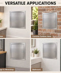 Built Tough Stainless Steel Drywall Access Door 28 By 28 Inch Wall Cutout in kitchen and bathroom applications.