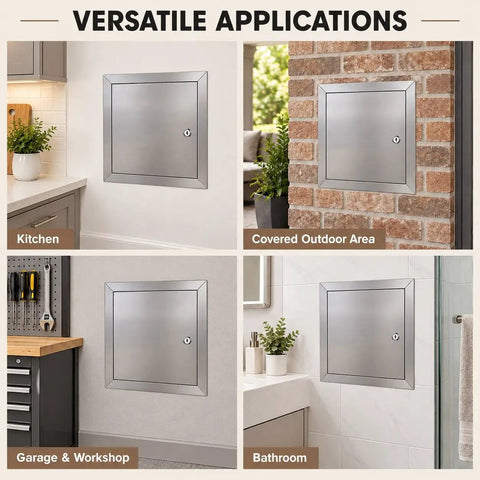 Tough As Nails Stainless Steel Drywall Access Door 28 X 28 Inch Wall Cutout Ceiling Service Panel in kitchen and bathroom settings.