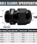 Side view of 25 Pcs Nylon Cable Glands Set With IP68 Waterproof Strain Relief For 3 To 13mm Cables PG7-PG16 specifications