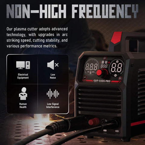 55 Amp Plasma Cutter With Non High Frequency Start Large LED Digital Display Non Touch Pilot Arc Digital DC Inverter Dual Voltage 110 220V CUT 55DS Pro Portable Metal Cutting Machine For Home Shop And Professional Use on a workbench
