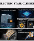 Electric stair climbing dolly with 1200W brushless motor, 48V battery, and rubber wheels for lifting heavy loads.