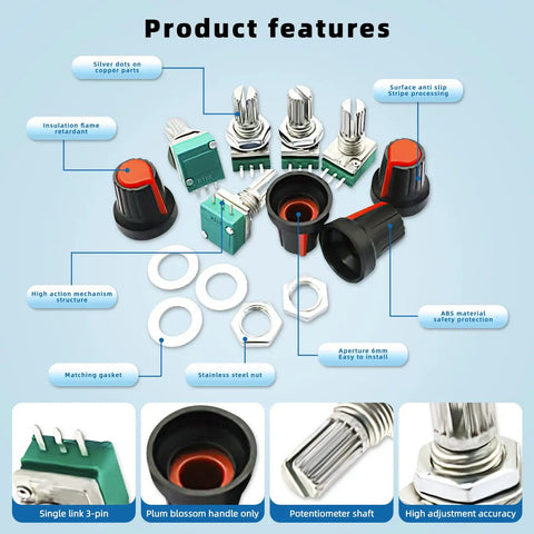 20 Pack 10K Ohm 3 Pin Linear Rotary Potentiometers With Knurled Knobs Top Adjustment for Prototyping and Analog Circuits