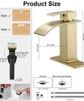 Brushed Gold Waterfall Bathroom Faucet For Vanity Deck Mounted Single Hole Or 3 Hole Mixer Tap with size and installation details