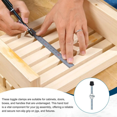Six Piece Rubber Head Toggle Clamp Set M8x110mm Carbon Steel With Screws And Washers For Boxes Cabinets And Doors Includes 12 Screws And 12 Washers Durable Rust Resistant Hardware For Secure Jigs And Lids used on a wooden jig