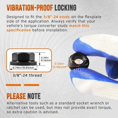 Beefy 3/8 24 Torque Converter To Flex Plate Bolts For Automatic Transmissions Secure Locking Fasteners Fits Aode E4od C4 Crank Adapter close-up of a Grade 8 locking nut.