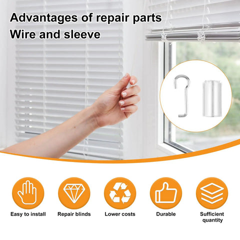 Person repairing blinds with Four Piece Wand Wire And Sleeve Collar Hook Kit For Horizontal Mini Blind Repair Sweet Upgrade Universal Replacement Rods No Sweat Install For Home Blinds.