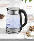 Fast Boil Electric Kettle For Coffee And Tea 1.7L Water Boiler 1500W Borosilicate Glass with LED light and cool-touch handle.