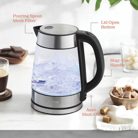 Fast Boil Electric Kettle For Coffee And Tea 1.7L Water Boiler 1500W Borosilicate Glass with LED light and cool-touch handle.