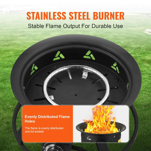 Close-up of Propane Fire Pit 19 Inch Portable Outdoor Gas Fire Pit with stainless steel burner and flame holes detail.