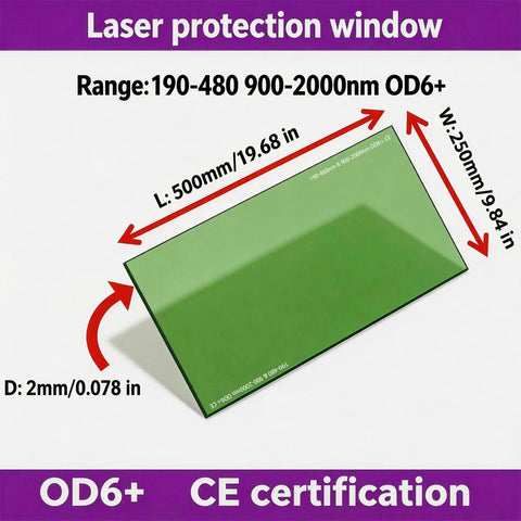 Premium Dual Band Laser Safety Window Featuring Heavy Duty Optical Glass Shield Built Real Tight For Protecting 450Nm And 1064Nm Fiber Laser Cabinets OD6 Rating, 500x250mm size, green protective panel.