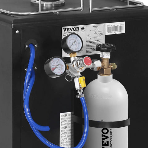 VEVOR double-gauge CO2 regulator with blue hose connected to a gas cylinder for draft beer system