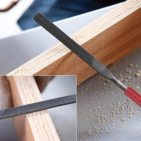 Ten Piece Needle File Set With Pro Grade Hardened Alloy Steel Mini Files including tapered round half round file on wood
