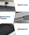 Close-up of key lock, ball-bearing drawer slides, and anti-slip drawer mat of 72-Inch Rolling Tool Chest With 15 Drawers
