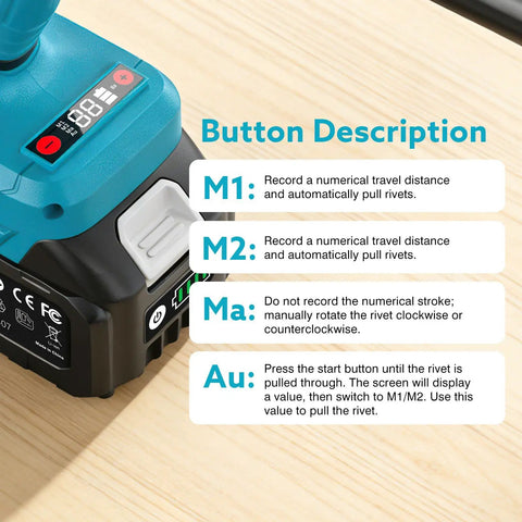 3 In 1 Cordless Rivet Nut Drill Gun with button description on display