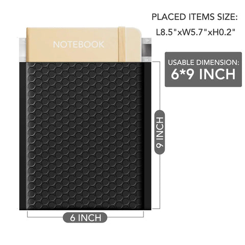 Black Bubble Mailers 6x10 Inch 100 Pack Padded Envelopes With Inner 6x9 Usable Size Opaque Waterproof Cushioning Mailers shown with notebook