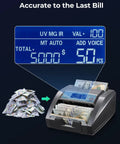Money Counter Machine With Value Count And Counterfeit Detection For Dollar And Euro Bills, MT UV MG IR display in use