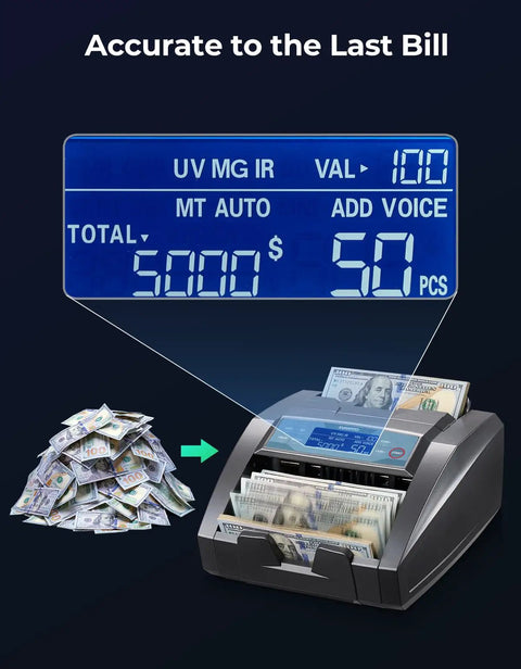 Money Counter Machine With Value Count And Counterfeit Detection For Dollar And Euro Bills, MT UV MG IR display in use
