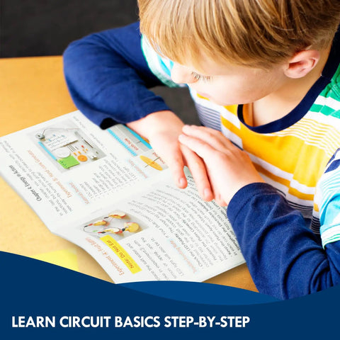 Kid reading circuit basics guide from Hands On Electrical Circuit Kit For Kids That Makes STEM Fun, 8 Experiments Covering Series