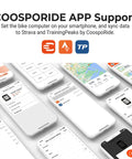 Phone screens showing Coosporide app for Wireless GPS Bike Computer With Auto Backlight And Cadence Speed Sensor BC200 data sync.
