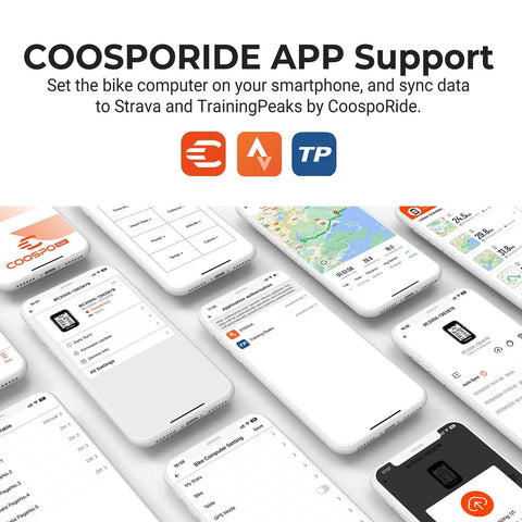 Phone screens showing Coosporide app for Wireless GPS Bike Computer With Auto Backlight And Cadence Speed Sensor BC200 data sync.