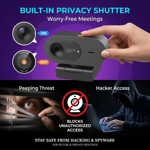Smooth Operator 4K Uhd Webcam With Noise Canceling Mic And Slide Privacy Cover showing privacy shutter and indicators for secure use.