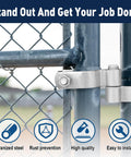 Close-up of zinc-plated steel heavy duty gate hinges for dual size posts one three eighths inch and two three eighths inch