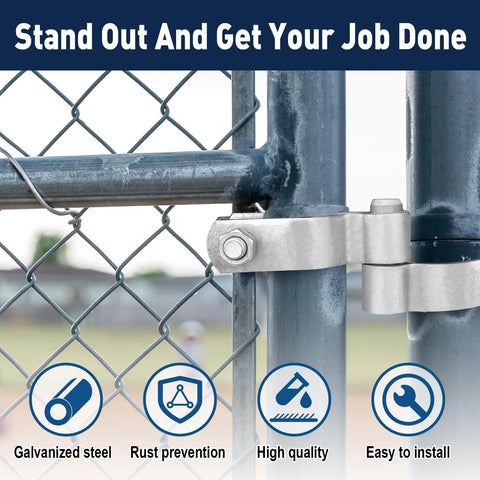 Close-up of zinc-plated steel heavy duty gate hinges for dual size posts one three eighths inch and two three eighths inch
