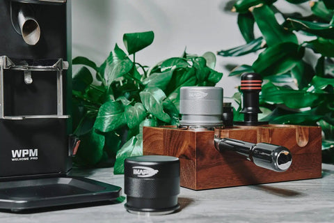 53mm Espresso Tamper Premium Barista Calibrated Spring Loaded One Hundred Percent Stainless Steel Coffee Tamper on wooden base