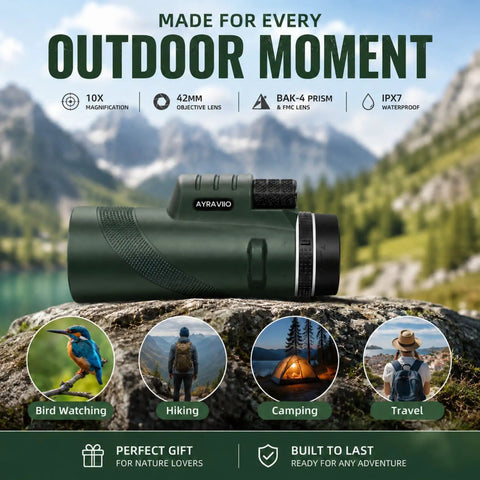 Rad Gift For Him Outdoor Monocular 10x42 For Hiking And Travel With Bright Clear Views Compact One Hand Use Ideal For Dad Husband Teen And Any Guy Into Weekend Adventures. green 10x42 monocular for bird watching, hiking, camping and travel