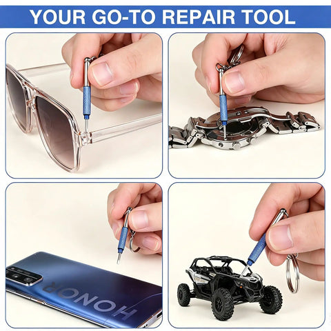 No Sweat 3 In 1 Eyeglass Repair Kit Keychain Screwdriver used on sunglasses and watch with blue steel bits