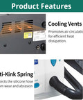 Cooling vents and anti-kink spring on Hot Air Rework Station 1000W With 7 Nozzles, LCD Display, And Channel Control for PCB repair.