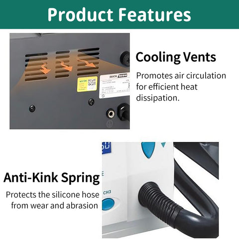 Cooling vents and anti-kink spring on Hot Air Rework Station 1000W With 7 Nozzles, LCD Display, And Channel Control for PCB repair.