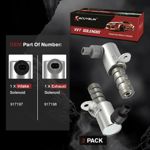 Ford F150 Mustang Explorer Edge Expedition Lincoln MKS MKT Drop In VVT Solenoid Kit For Engine Variable Valve Timing Intake And Exhaust Oil Control Valves Two Pack 2011 Through 2023, showing intake and exhaust solenoids with connectors