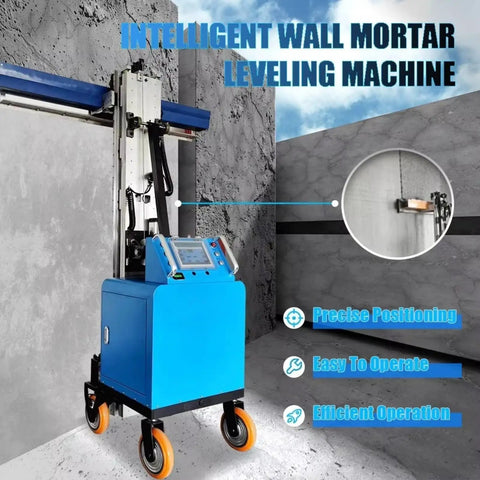 Pro Heavy Duty Full Automatic Wall Plastering Machine Finish Interior Walls Smooth Like Butter For House Reno And Job Sites No Sweat Mortar Smoothing Tool with blue base and mounted levels.