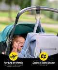 Stroller Strap 2 Pack With Hook and Loop Attachments for Diaper Bags Golf Push Carts Luggage and More Everyday Baby Stroller Accessories. Backpack hanging from stroller handle with strap.